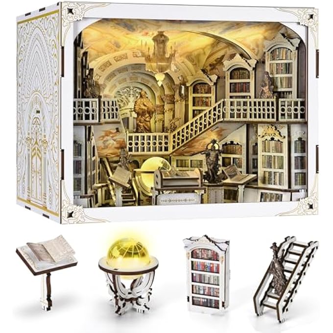 DIY BOOK NOOK 3D WOODEN PUZZLE BOOKENDS BOOKSHELF INSERT DECOR WITH LED LIGHT AND DUST COVER FOR TEENAGERS AND ADULTS - Image 1